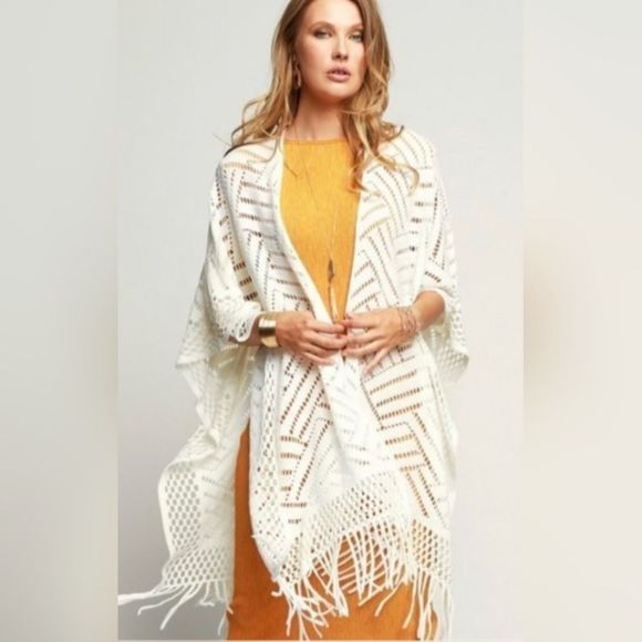 Ivory Long Crochet Ruana with Fringe - Picture 5 of 5